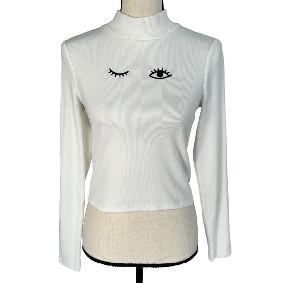 Forever 21 JRS Medium Top "Wink" Embroidered Long Sleeve Mock Neck Stretch Ivory - Picture 1 of 7